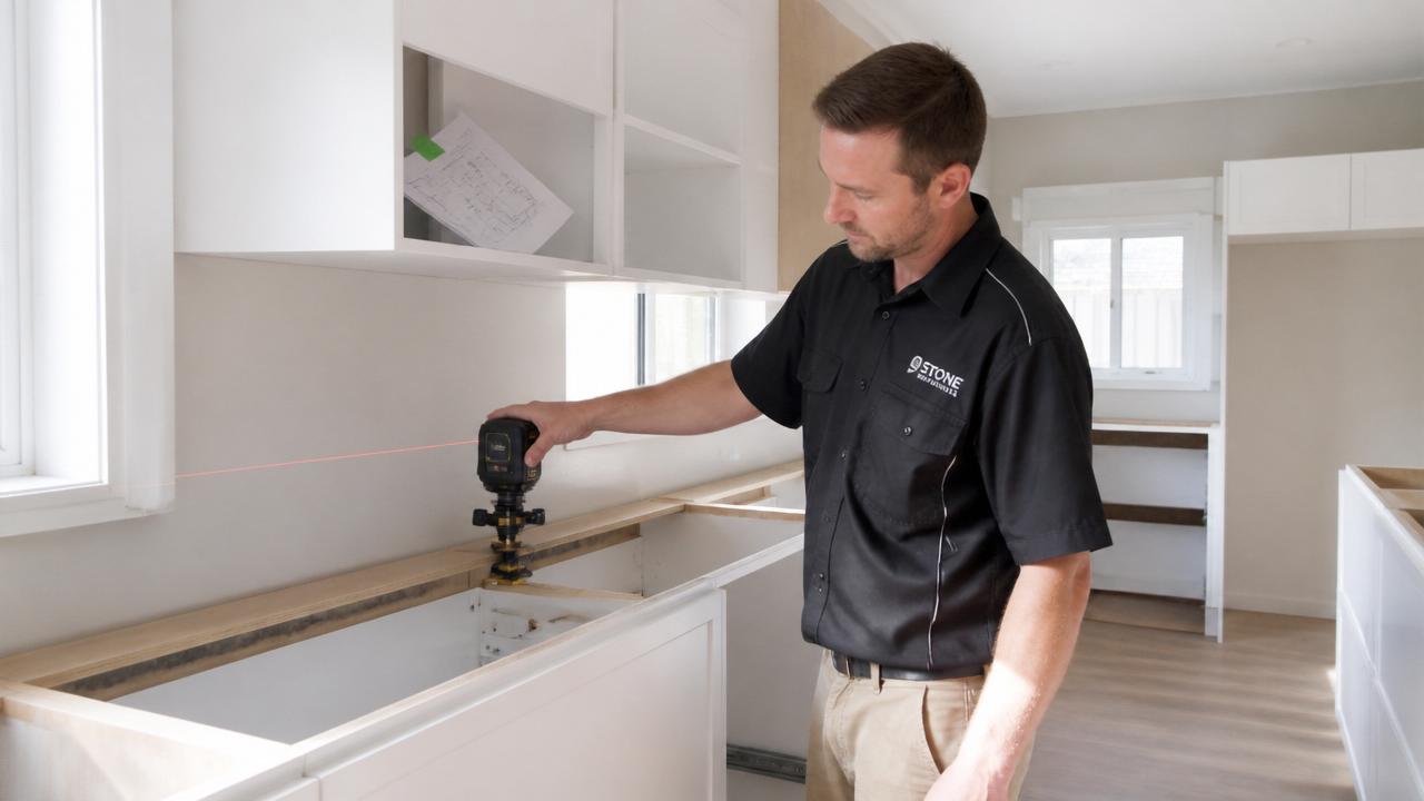 Tradesman using laser templating equipment on kitchen cabinetry