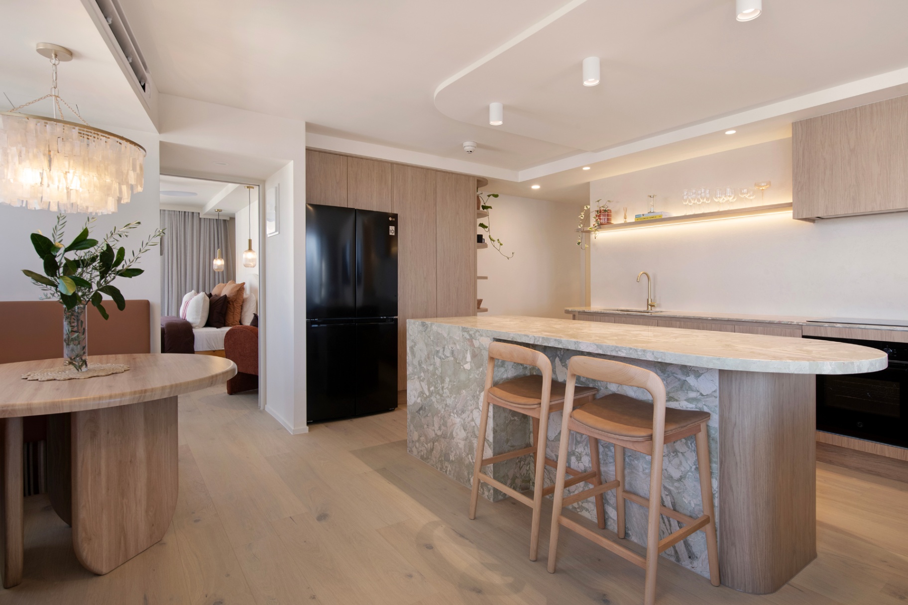 Granite kitchen island with waterfall edge